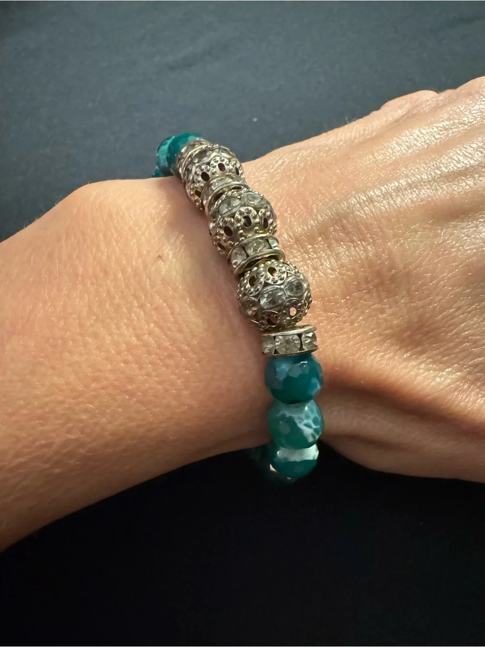 Faceted Chrysoprase Sterling Silver CZ Stretch Bracelet Green Gemstone